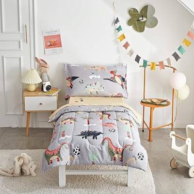 4 Pieces Toddler Bedding Set Dinosaur with Colorful Dinos and Monsters Toddler Comforter Sheet Set for Autumu and Winter Includes Comforter, Flat Sheet, Fitted Sheet and Pillowcase Gray