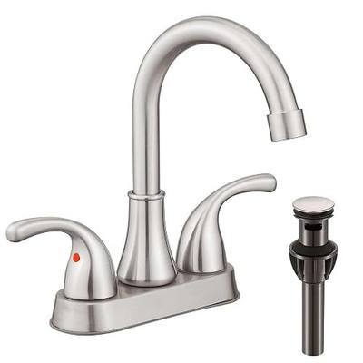 Bathroom Sink Faucet FRANSITON 4 Inch Faucet 2 Handle Bathroom Sink Faucets Lead-Free Brushed Nickel Bath Sink Faucets with Pop-up Drain Stopper and Supply Hoses