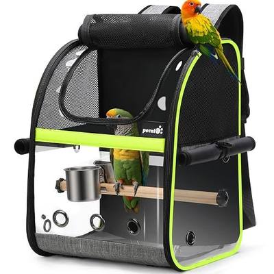 Pecute Bird Carrier Backpack, Parrots Bird Backpack with Visible Window, Adjustable Height Standing Perch, Feeding Cans, Waterproof Pads, Lightweight Foldable Birds Travel Cage for Hiking Camping