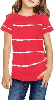 Ebifin Girls Casual Short/Long Sleeve T Shirts Crewneck Tunic Tops Kids Button Striped Tee Blouses Size 4-15