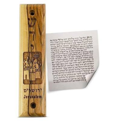 Logos Trading Post Olive Wood Mezuzah with Scroll, Shaddai & Jerusalem City, Made in Israel, Religious Home Décor for Door & Wall, Includes Parchment Prayer Scroll, Jewish & Messianic House Wall Art