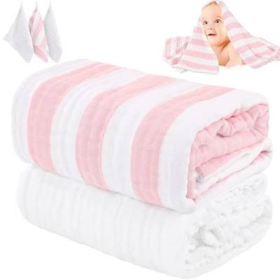 Muslin Baby Towel 5 Pieces Set, 100% Organic Cotton, Soft & Absorbent for Newborns to Toddlers, Baby Registry or Shower Gift (Pink Striped)