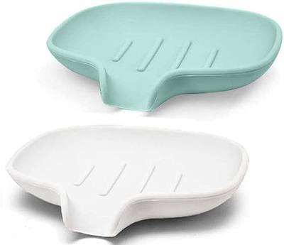 Self Draining Silicone Soap Dish, Sturdy Bar Soap Holder for Shower Bathtub Kitchen Sink, Waterfall Soap Tray Keep Soap Dry & Clean, Gift Box, 2 Pack (White + Mint Green)