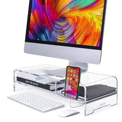 BEYGORM Acrylic Monitor Stand for Full Keyboard, 20" Wide 2-Tier Riser with Storage Shelf and Phone Holder, Desktop Organizer for Laptop, Printer, Screen (Clear)
