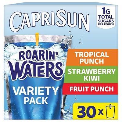 Capri Sun Roarin' Waters Flavored with Other Natural Flavor Water Beverage, 30 Pouches, for School Lunches and On-the-Go Hydration, Fruit Punch, Strawberry Kiwi and Tropical Punch, 6 fl oz