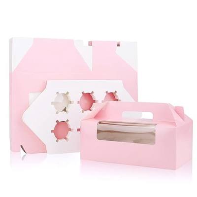 EUSOAR Pink Cupcake Boxes, 25pcs 9.4"x 6.2"x 3.0" 6 Cupcakes Container with Window&Insert, Bakery Wrapping Party Baby Shower Favor Treat Boxes Take-Out Cupcake Muffin Carry Packing Container