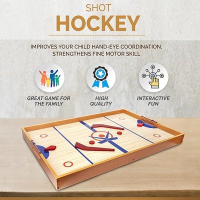 Point Games Tabletop Slap Shot Hockey Game - Super Durable Large Wooden Board With 2 Sticks and Pucks - Great Family Game for Ages 5+