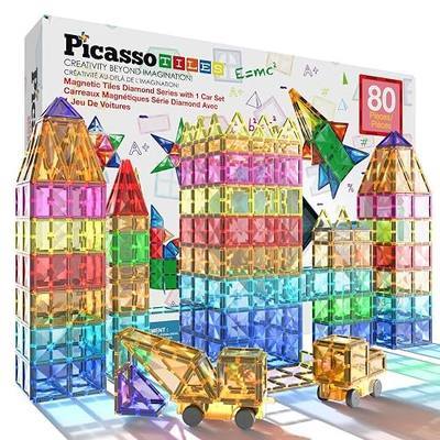 PicassoTiles 80 Piece Magnetic Tiles, STEM Building Set with Car, Ages 3+