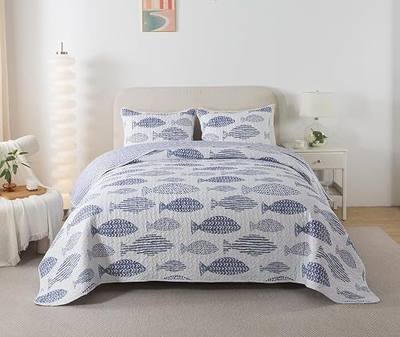 SLPR - Coastal Nautical Fish Quilt Set, Twin with 1 Sham, Lake Bedding | Blue and White Ocean Comforter Set, Lake House Quilted Bedspread, Sea Fishing Coverlet, Beach Theme, Maritime Lakehouse Décor