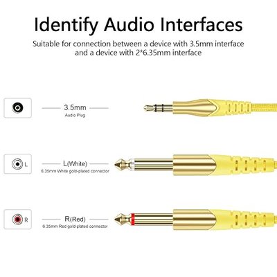 3FT 3.5mm 1/8" TRS to Dual 6.35mm 1/4" TS Mono Stereo Y-Cable Splitter Cord Compatible for Phones, Laptop, Computer Sound Cards, CD Players, Multimedia Speakers and Home Stereo Systems, Yellow