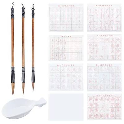 PH PandaHall 12pcs No Ink Chinese Calligraphy Set, 8 Styles Grid Brush Water Writing Cloth Paper, 3pcs Sienna Chinese Traditional Calligraphy Brushes and Water Dish for Chinese Couplets 17x13 inch