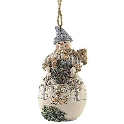 Enesco Jim Shore Heartwood Creek White Woodland Snowman with Basket and Animals Hanging Ornament, 4.5 Inch, Multicolor for Christmas