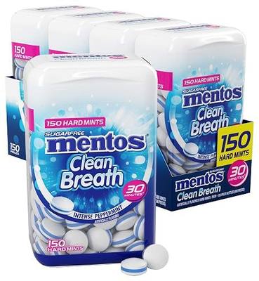 Mentos Clean Breath Hard Mints, Peppermint, 150 Piece Bottle (4 Pack) | Sugar Free, Green Tea Extract, Perfect for Long Lasting Fresh Breath at School, Work & Travel