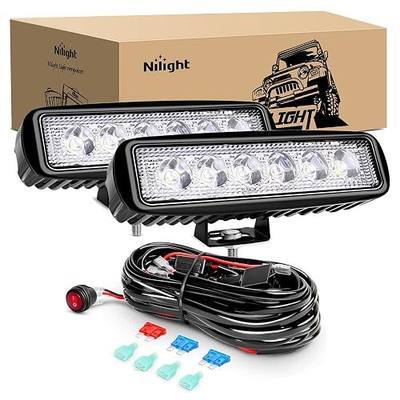 Nilight 2Pcs 18w Spot LED Work Lights LED Pods Fog Lights Off Road Led Lights Driving Lights with16AWG Off Road Wiring Harness Kit-2 Leads