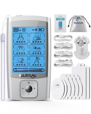 NURSAL 24 Modes TENS Unit Muscle Stimulator with Continuous Stimulation, Rechargeable Electronic Pulse Massager with 8 Pads for Back and Shoulder Pain Relief and Muscle Strength (Silver)