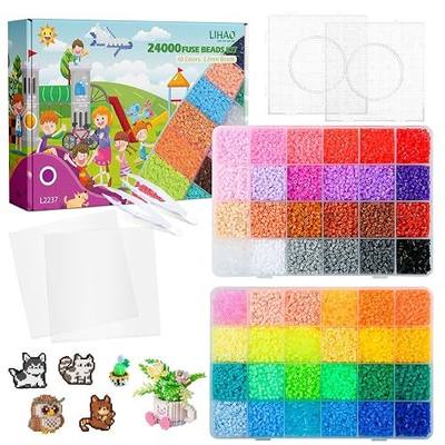 LIHAO Mini Fuse Beads Kit, 24000 2.6mm Beads in 48 Colors | For Pixel Art with Pegboard, Tweezers and Ironing Paper