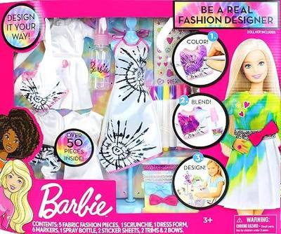 Tara Toys Barbie Tie-Dye Fashion Designer Kit – DIY Design Set for Girls with Dresses, Markers, Stickers & Tools – Create Real Barbie Outfits, Craft Activity for Kids Ages 6+ | Design 5 washable dresses with markers, stencils and stickers. Official Barbie licensed creative activity for ages 6+