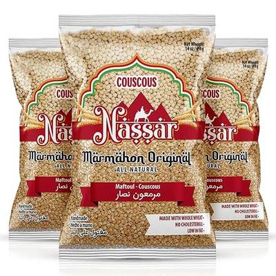 De Mi Pais Couscous Marmahon Original Nassar - Handmade, High in Fiber, Good Source of Energy, Middle Eastern Pantry Essential, Whole Wheat Couscous Pearls, 14 Oz (14 Oz (Pack of 3))