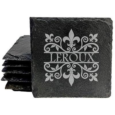 Personalized Fleur De Lis Slate Coasters Set of 8 – Square – USA Made | Bring personalized square style to your table with 8 fleur de lis coasters, custom engraved with your name.