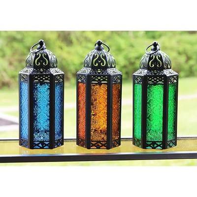 Vela Lanterns Decorative Indoor Moroccan Holder, Blue/Amber/Green, M, 3-PK | Candle Lantern Set of 3, Ramadan Gifts for Home, Turkish Votive Pillar Lamp, Colorful Diwali Tealight Decor, 10.5in Tall