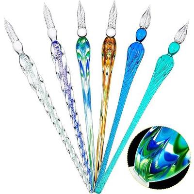 Zonon 6 Pieces Handmade Glass Dip, Crystal Glass Signature Calligraphy Vintage Dip Ink Pen Borosilicate Present Pen for Writing Drawing Decoration(Stylish Color,Bright Style)