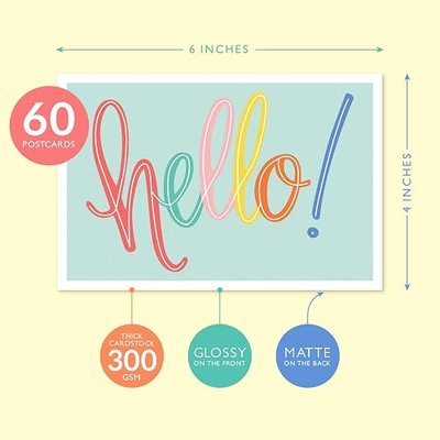 Sweetzer & Orange Hello Postcards Pack (60 Post Cards) 4x6 Flyers for Kids and Adults, 300gsm Notelets, Blank Greeting tokens, Mint Green positive affirmation Cards