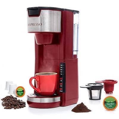 Mixpresso Red Single Serve Coffee Brewer K-Cup Pods Compatible & Ground, 30 oz Compact Coffee Maker Single Serve With 5 Brew Sizes Up To 14 Oz, Fits Travel Mug, Adjustable Drip Tray