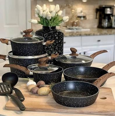 Kitchen Academy Induction Cookware Sets - 12 Piece Pots and Pans Set Non Stick, Black Granite Nonstick Cooking Pan Set(PFOS, PFOA Free)