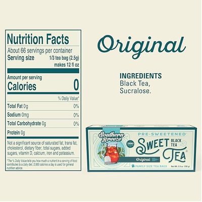 Southern Breeze Hot Brew Sweet Tea Original Iced Tea with Black Tea and Zero Carbs Zero Sugar, 22 Family Size Tea Bags, Pack of 6 | Southern-style sweet tea brewed by the pitcher — zero sugar, zero carbs, hot brew ready. Perfect for family and everyday.