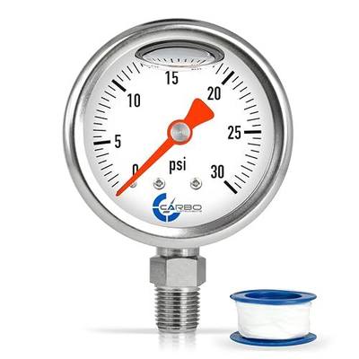 1-1/2" Fuel Pressure Gauge, Stainless Steel Case 304, Chrome Plated Brass Connection, Glycerin Filled, 0-30 Psi, Accuracy 3-2-3%, Lower Mount 1/8" NPT