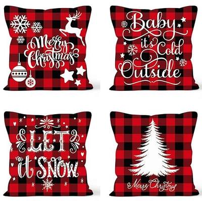 Red Plaid Merry Christmas Decorations Christmas Tree Winter Pillow Covers Set of 4 Christmas Decor Throw Pillow Covers Cushion Cover 18x18 inch
