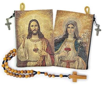 Rosary Pouch with Olive Wood Catholic Rope Rosary from Israel, Jesus King of the Universe & I Believe in God Prayer Woven Fabric Tapestry Style Icon Travel Bag, Religious Catholic Gift Set