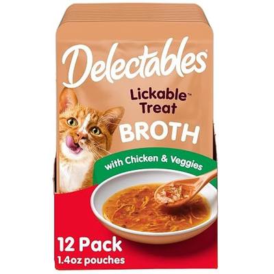Delectables Lickable Treat Savory Broth Wet Cat Treat with Real Chicken & Veggies, Food Topper, Hydrating, Grain-Free, No Fillers, No By-Products, No Added Preservatives, 1.4oz Pouch, 12ct