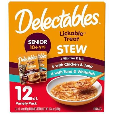 Delectables Lickable Treat Stew Senior 10+ Wet Cat Treat with Real Chicken, Food Topper, Hydrating, Grain-Free, No Fillers, No By-Products, No Added Preservatives, 1.4oz Pouch, 12ct