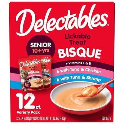 Delectables Lickable Treat Bisque Senior 10+ Wet Cat Treat Variety Pack, Food Topper, Hydrating, Grain-Free, No Fillers, No By-Products, No Added Preservatives, 1.4oz Pouch, 12ct