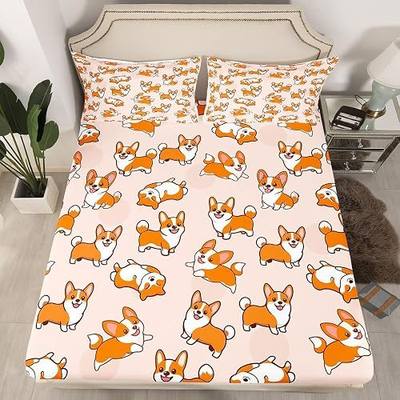 Feelyou Dog Printed Bedding Set for Girls Boys Children Cute Pet Dog Bed Sheet Set Kids Cartoon Welsh Corgi Fitted Sheet Decorative Animal Theme Bed Cover Twin Size 2Pcs