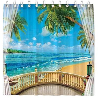 Funnytree Tropical Sea Beach Shower Curtain for Bathroom Summer Seaside Palm Tree Balcony Home Bathtubs Curtain Decor Set with 12 Hooks Easy Care Washable Soft Polyester Fabric 72"x72"