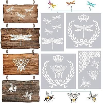 Zonon 4 Pieces Dragonfly Stencil for Painting French Bee Stencil Honeycomb for Furniture, Wood Signs, Baking, Crafts, Wall, Pillows