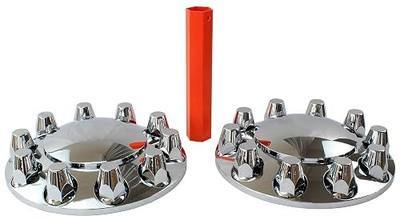 MRJLK Chrome ABS Complete Axle Cover Set with Standard Hub Caps and 33mm Screw-On Lug Nut Covers for Semi Trucks (2 Front)