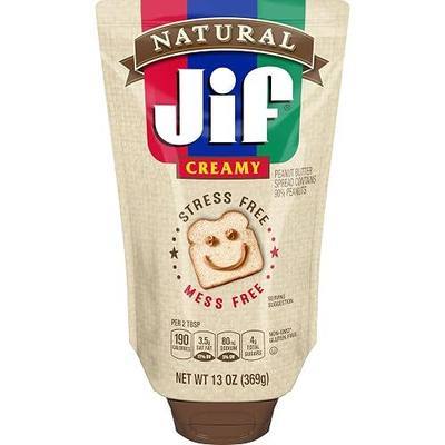 Jif Natural Squeeze Creamy Peanut Butter Spread, 13 Oz. Pouch | 7g protein per serving, 7% DV, See nutrition information for fat and saturated fat content, Natural peanut butter spread