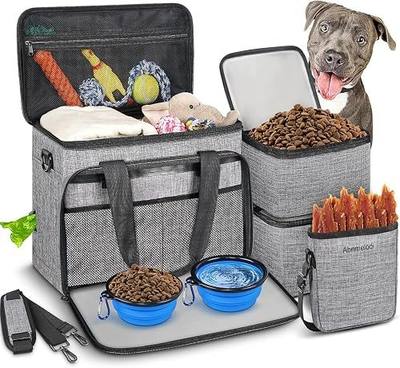 6 Set Dog Travel Bag, Large Pet Travel Kit for Supplies, Grey | Includes 2 Food Containers, 1 Pet Organizer for Dogs, 2 Collapsible Bowls, 1 Treat Pouch, Dog Weekend Overnight Bag Luggage