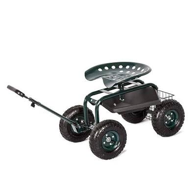 kinbor Garden Cart Rolling Work Seat Patio Wagon Scooter with Tool Tray Basket Adjustable Handle for Outdoor Planting Gardening, Green