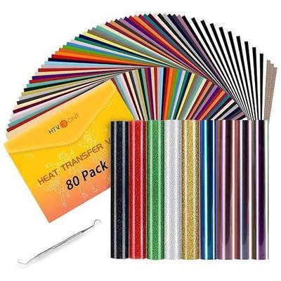 HTVRONT HTV Heat Transfer Vinyl Bundle: 80 Pack 12" x 10" | Iron on Vinyl for T-Shirt, 39 Assorted Colors with Vinyl Accessories Tweezers for Silhouette Cameo or Heat Press Machine