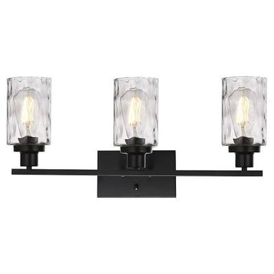 3-Light Black Vanity Lights, Modern Bathroom Light Fixtures Over Mirror Farmhouse Wall Light Fixtures with Hammered Glass Industrial Lamp for Living Room Porch Stair Hallway