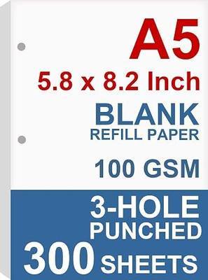 (3-Pack) A5 Filler Paper, 3 Hole Planner Refills, Organizer, Loose-leaf Mini Binder Paper, Total 300 Sheets/600 Pages, 100gsm, Blank, White, 5.8 x 8.2 Inch, 3 Hole Filler Paper, Mini Binder Refills