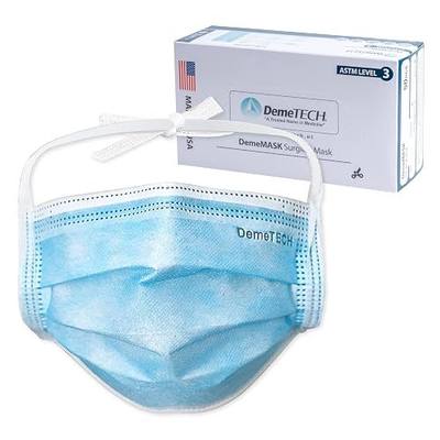 DEMETECH, MADE IN THE USA, ASTM Level 3 Protective 3-Layer Face Mask, Horizontal Tie Style, Adult Size