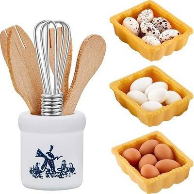Skylety 28 Pieces 1:12 Dollhouse Kitchen Decorations, 6 Pieces Miniature Egg Beater and Utensils with 18 Pcs Mini Egg Models Miniature Food Toy with Pottery Holder Pretend Toy