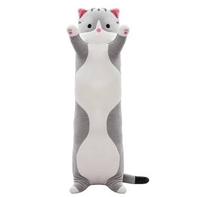 Cute Cat Plush Long Body Pillow – Soft Cartoon Stuffed Animal Doll, Kawaii Cat Plushie Toy Pillow Gifts for Kids, Girls & Girlfriend (Gray, 19.7 Inch)