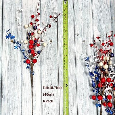 6Pcs National Day Artificial Berry Stems Red Blue White Berries Picks for 4th of July Independence Day Decorations (15.7 Inch)