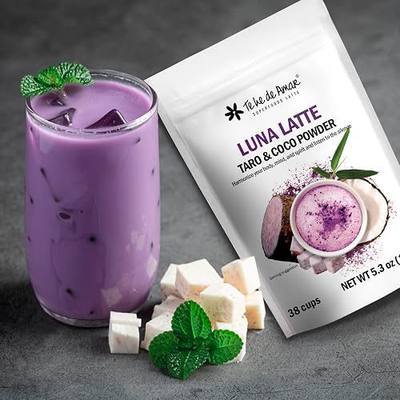 LUNA LATTE TEA TARO & COCO / TE HE DE AMAR. NET WT 5.3 oz (150g) 38 cups. Taro, Coconut, Purple Sweet Potato, Cinnamon, Vanilla. 100% natural, pure, powdered, does not contain dairy bases, does not contain sugar. Vegan, gluten free, keto, non gmo, no caffeine.
